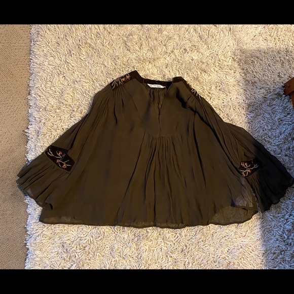 ZARA BASIC Silk Velvet Beads Embroidery Kimono Tunic Top Olive, size XS - Picture 14 of 16